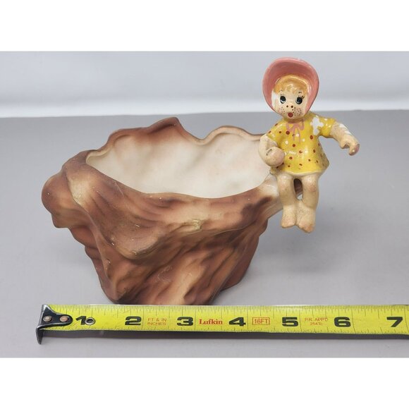 Vintage Enesco Girl Figurine Ceramic Planter With Tree Stump Design - Picture 11 of 13